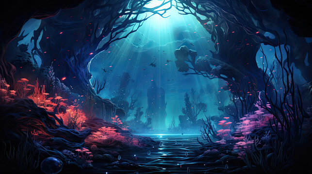 Background image displaying deep sea exploration, inspired by Art Nouveau, bathed in colors of abyss black and bioluminescent blue, revealing marine creatures in an underwater fantasy, all digitally s