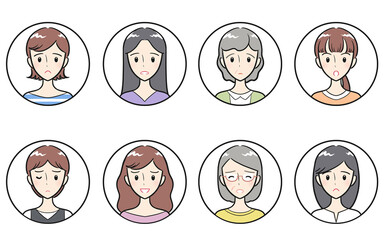 様々な年代の大人女性　ネガティブな表情　丸いアイコンセット　ホワイト