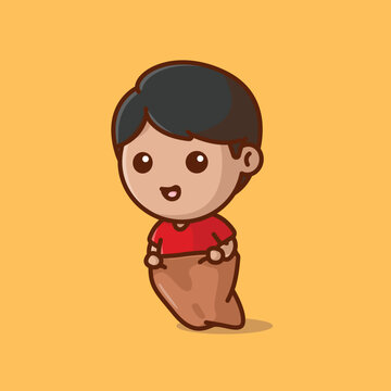 Cute boy red tshirt sack race cartoon vector illustration competition icon concept