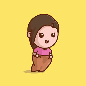 Cute girl sack race cartoon vector illustration competition icon concept
