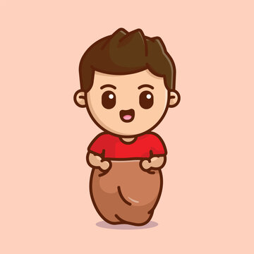 Cute boy sack race cartoon vector illustration competition icon concept