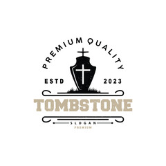 Obraz premium Tombstone Logo, Tomb Cemetery Cross, Vector Vintage Label, Retro Badge, Inspirational Design