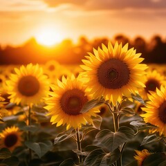 Fototapeta premium Blooming yellow sunflowers in summer under the evening sky just after the sunset. Haze on the horizon; focus on the sunflowers on the foreground.