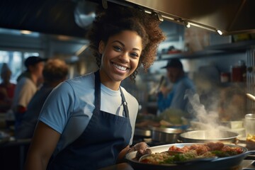 African American female chef having fun while preparing food in the kitchen at the restaurant.