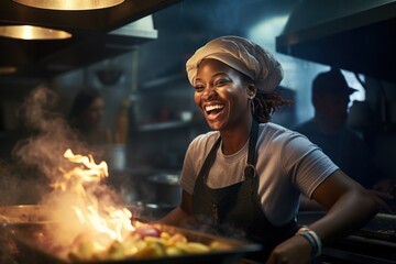 African American female chef having fun while preparing food in the kitchen at the restaurant.