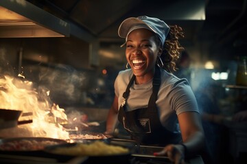 African American female chef having fun while preparing food in the kitchen at the restaurant.
