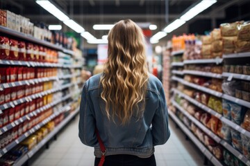 Young women buying in supermarkets and feeling worried about increases in food prices.