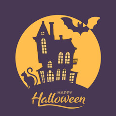 Happy Halloween day with haunted castle on moonlight purple color wallpaper background