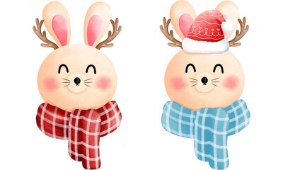 Set of watercolor cute happy bunny with antlers,red beanie,blue and red scarf illustration.