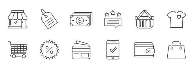 Ecommerce icons set thin line vector design editable. Shopping icon, marketplace, shopping cart, discount, money, t-shirt, shopping bag, tag, payment, wallet, pocket book, basket, protected, review