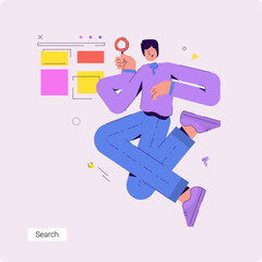 Conceptual vector business illustration of a business man searching the internet for information. - 626143093
