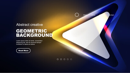 Abstract background landing page, glass geometric shapes with glowing neon light reflections, energy effect concept on glossy forms