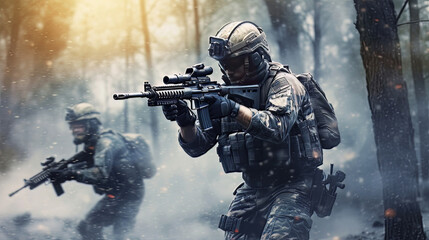 Hostage Rescue Operation A Photo Realistic Image of Two Soldiers in a Forest AI Generated
