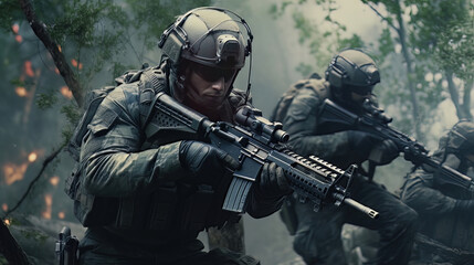 Fototapeta premium Intense Action and Tactical Maneuvers A Group of Soldiers Walking Through a Dilapidated Area AI Generated