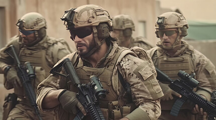 Fototapeta premium Tactical Maneuvers A Group of Soldiers Breaching a Building in a HighStakes Mission AI Generated