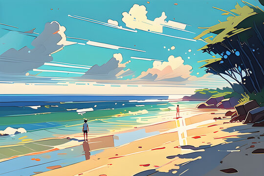 summer, vacation, see, seeside, ocean, sandal, shoes, parasol, beach, beach umbrella, hat, sun, hot, ball, beach ball, sunglass, illust, foot, rest, relax, surfing, windsurfing, sand, Generative AI