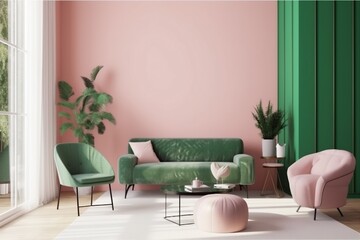 interior background mock up brick luxury modern render space trendy pink decor sofa wall. Generative AI.