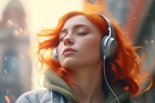 Carefree Relaxing Young Woman With Closed Eyes Wearing Headphones Listening To Music Outdoors Enjoying Melody. Music Therapy