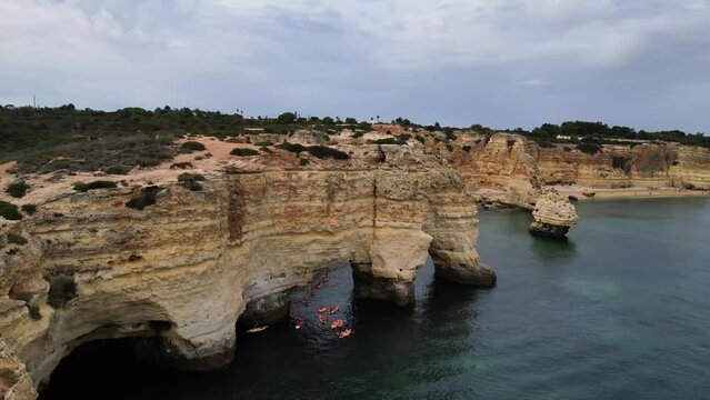 Moving drone shot of Elephant Rock on Portuguese Coast