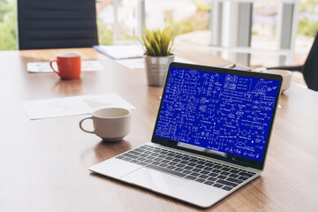 Mathematic equations and modish formula on computer screen showing concept of science and education
