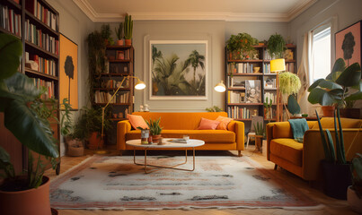 cozy living room with large bookshelves and lots of green plant