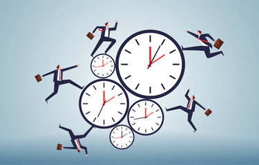 Time management, busy work, productivity, deadlines, countdowns, businessmen running on clocks with different time periods