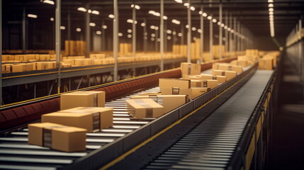 Conveyor belt with cardboard boxes in warehouse. AI generated Illustration