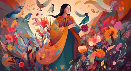 Obraz na płótnie Canvas Portrait of a woman in the forest with birds art background. Generative Ai