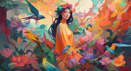 Portrait of a woman in the forest with birds art background. Generative Ai