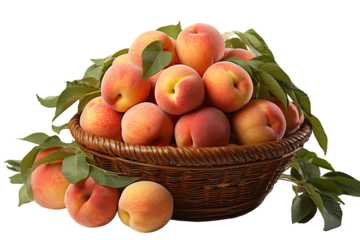 a realistic portrait of peaches in a basket isolated on white background PNG