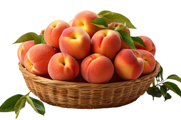 a realistic portrait of peaches in a basket isolated on white background PNG