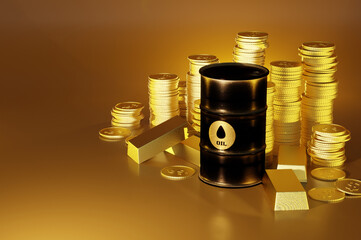 3D Illustration , Oil barrels and gold bars with golden coins .