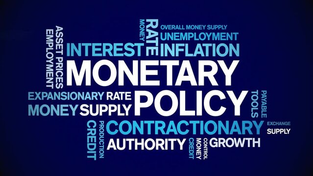 Monetary Policy animated tag word cloud;text design animation kinetic typography seamless loop.