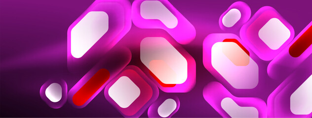 Neon lines, squares and round shapes abstract background. Techno glowing neon hexagon shapes vector illustration for wallpaper, banner, background, landing page, wall art, invitation, prints, posters