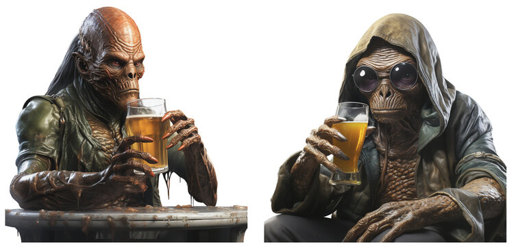 cartoon, illustration of aliens drinking beer and alcohol, on a transparent background, Generative AI