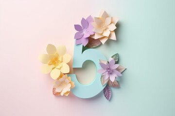 Number 5 formed out of paper flowers. Generative AI illustration
