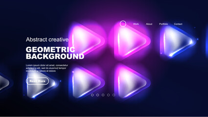 Abstract background landing page, glass geometric shapes with glowing neon light reflections, energy effect concept on glossy forms