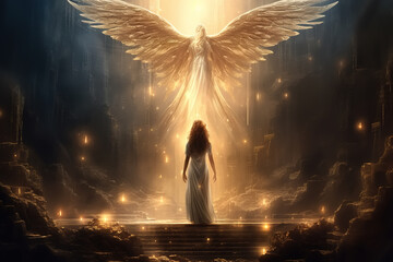 Religious miracle, holy faith concept illustration. Back view of a silhouette of a woman and an angel with wings
