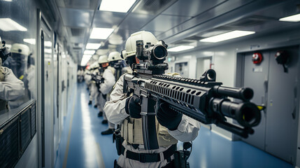 Fototapeta na wymiar Swift and Precise: a SWAT Team Scanning a School Hallway, Generative AI