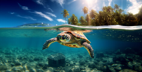a cute turtle beautiful ocean coconut great sunlight hd wallpaper generated ai