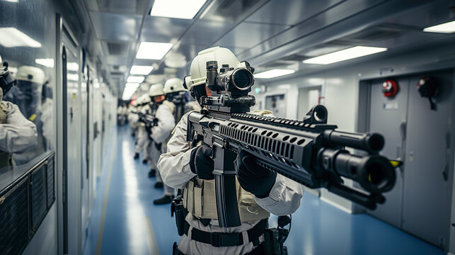 Swift and Precise: a SWAT Team Scanning a School Hallway, Generative AI