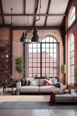 Living room interior, industrial style, 3d render. 