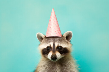 Cute racoon with birthday party hat on pastel background - obrazy, fototapety, plakaty