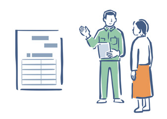 引越し作業の金額の見積もりを依頼して説明を聞いている、ベクターイラスト