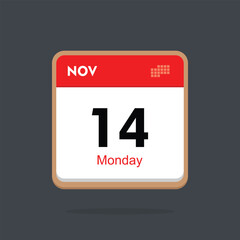 monday 14 november icon with black background, calender icon