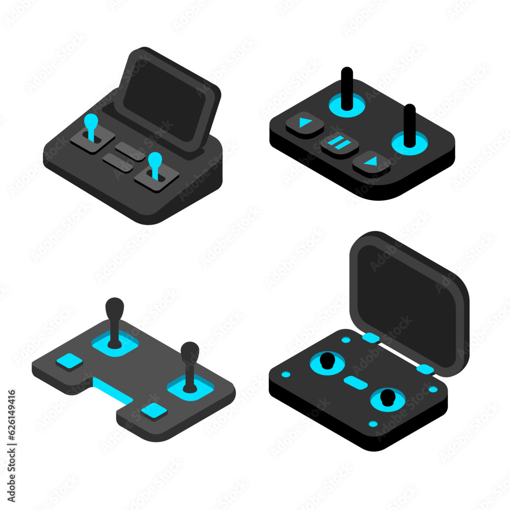 Aufkleber Isometric joystick set. Black controllers with blue neon glowing elements. gamepads for console video gaming. Wireless devices different forms with buttons. Cartoon flat style illustration