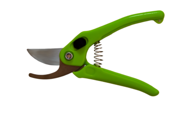 Garden pruner with green handles isolated on white background