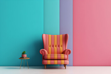 Interior colorful armchair furniture on empty wall mid century living room decoration 