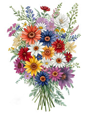 Watercolor bouquet of mix flowers on transparent background,generative ai
