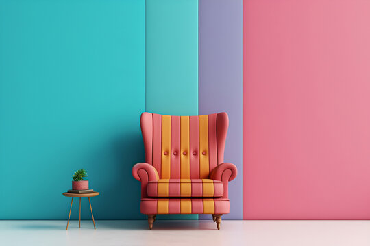 Interior colorful armchair furniture on empty wall mid century living room decoration 